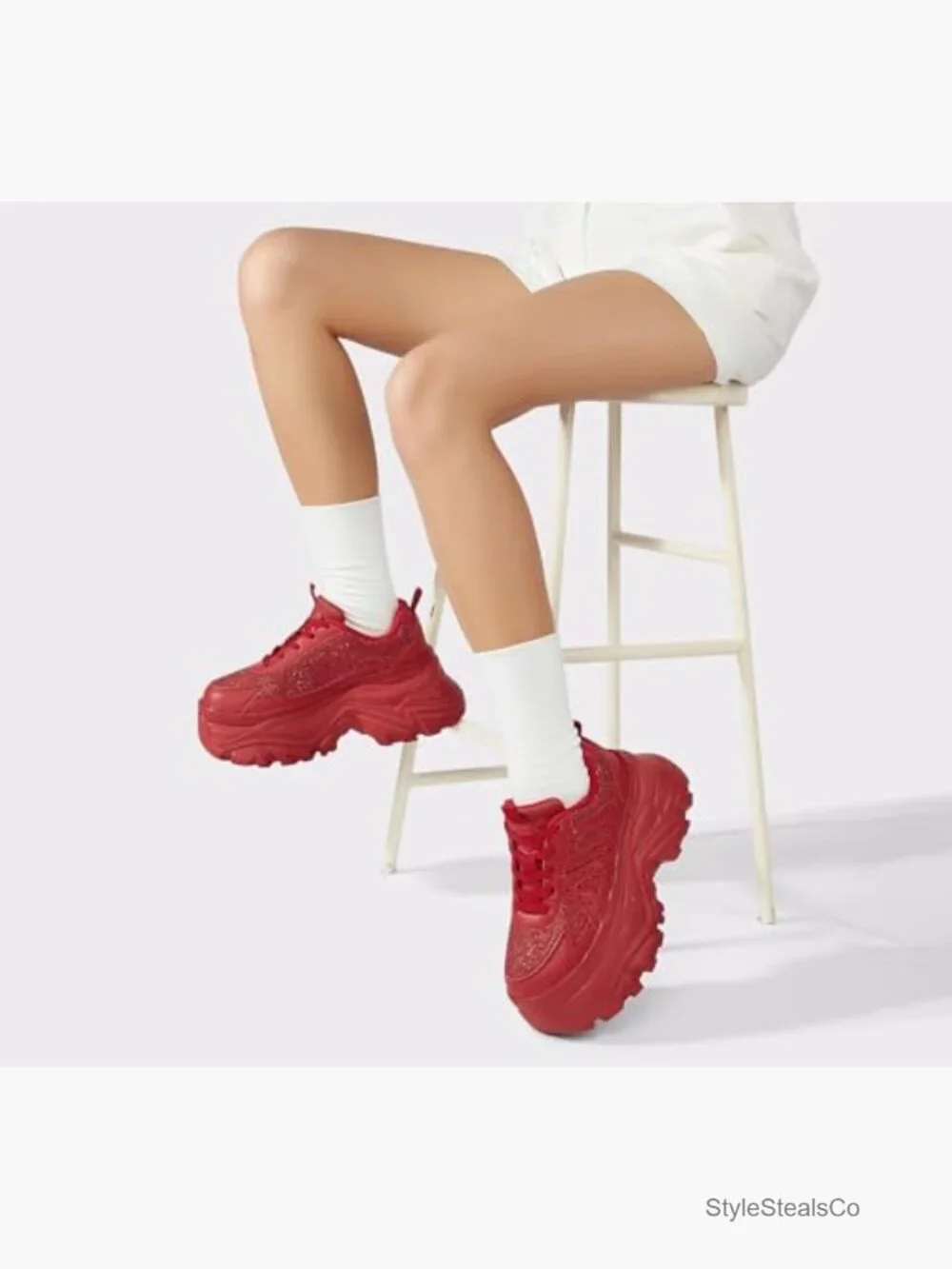 Rhinestone Chunky Platform Sneakers, 3.74 Inch Heel, Lace-Up Walking Shoes - Picture 7 of 7